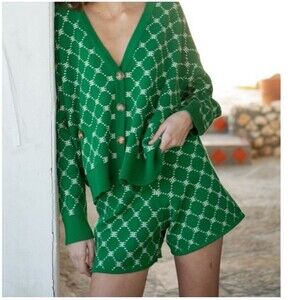 Ellandemm Monogram Green Drawstring Shorts Faux Leather Panel Back Pockets XS